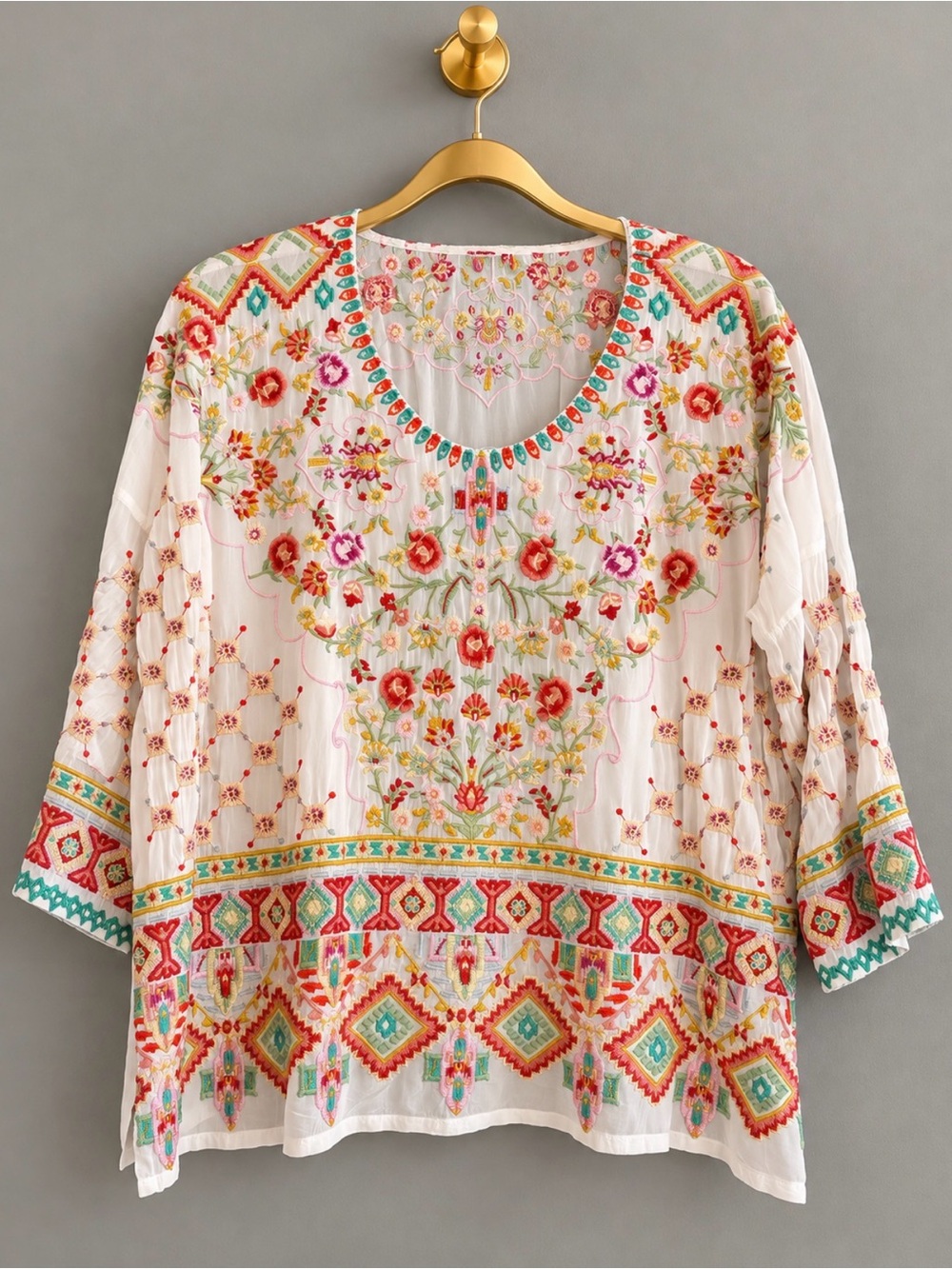 Johnny Was Sandra Blouse White  Multicolor Floral Embroidery Design RUNS LARGE